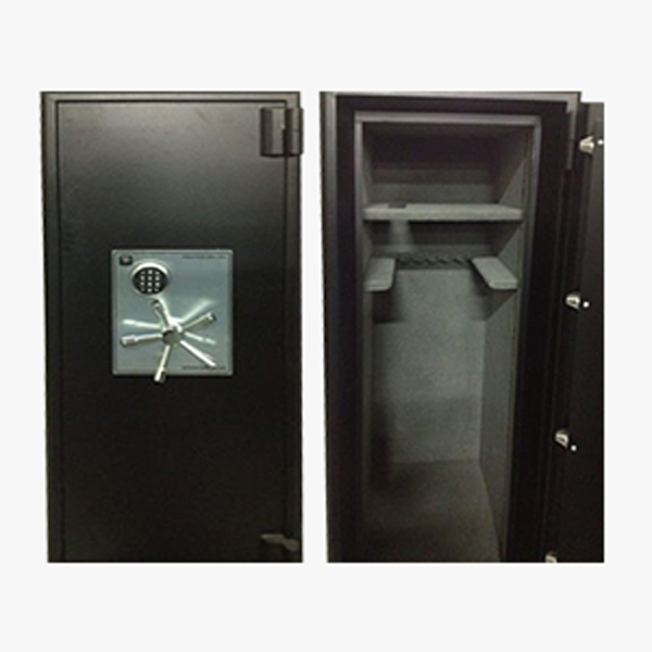 side by side image of black gun safe with dial and opened