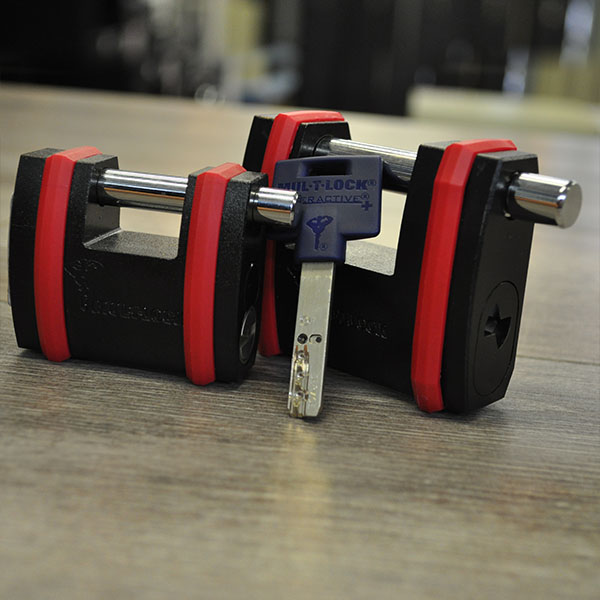 red and black high security padlock with key